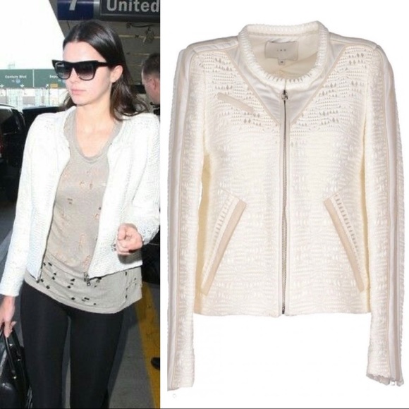 IRO • Kendall Jenner • Felicy Ivory Jacquard Silk Lamb Leather Trim Moto Jacket - Picture 2 of 16